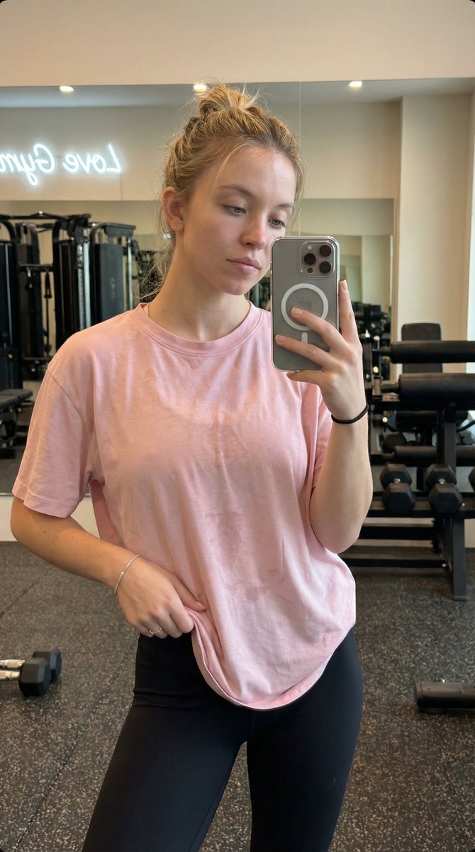 现代健身房内 Madelyn Cline 的写实风格、高度精细的抓拍式智能手机镜面自拍。她拥有运动型、曲线优美且健美的身材，腰部线条分明。她穿着一件薄的、宽松的浅蓝色短袖 T 恤，因运动后略微...