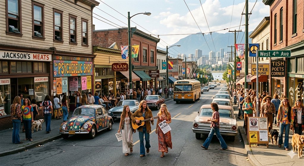 生成一张图片，展现1967年"爱之夏"（Summer of Love）期间西四大道（West 4th Avenue）可能的样子 https://t.co/8jfVDSkC5T > 转推...