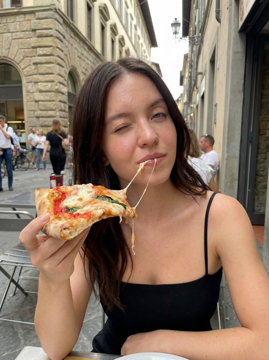 年轻女性坐在户外街边餐厅吃披萨,使用上传的参考图片,保持身份完全一致, 严格 — 保留完全一致的面部结构、眼睛、嘴唇、鼻子和比例, 坐在小餐桌旁,一只手举起披萨片靠近脸部,身体微微前倾向镜头,...