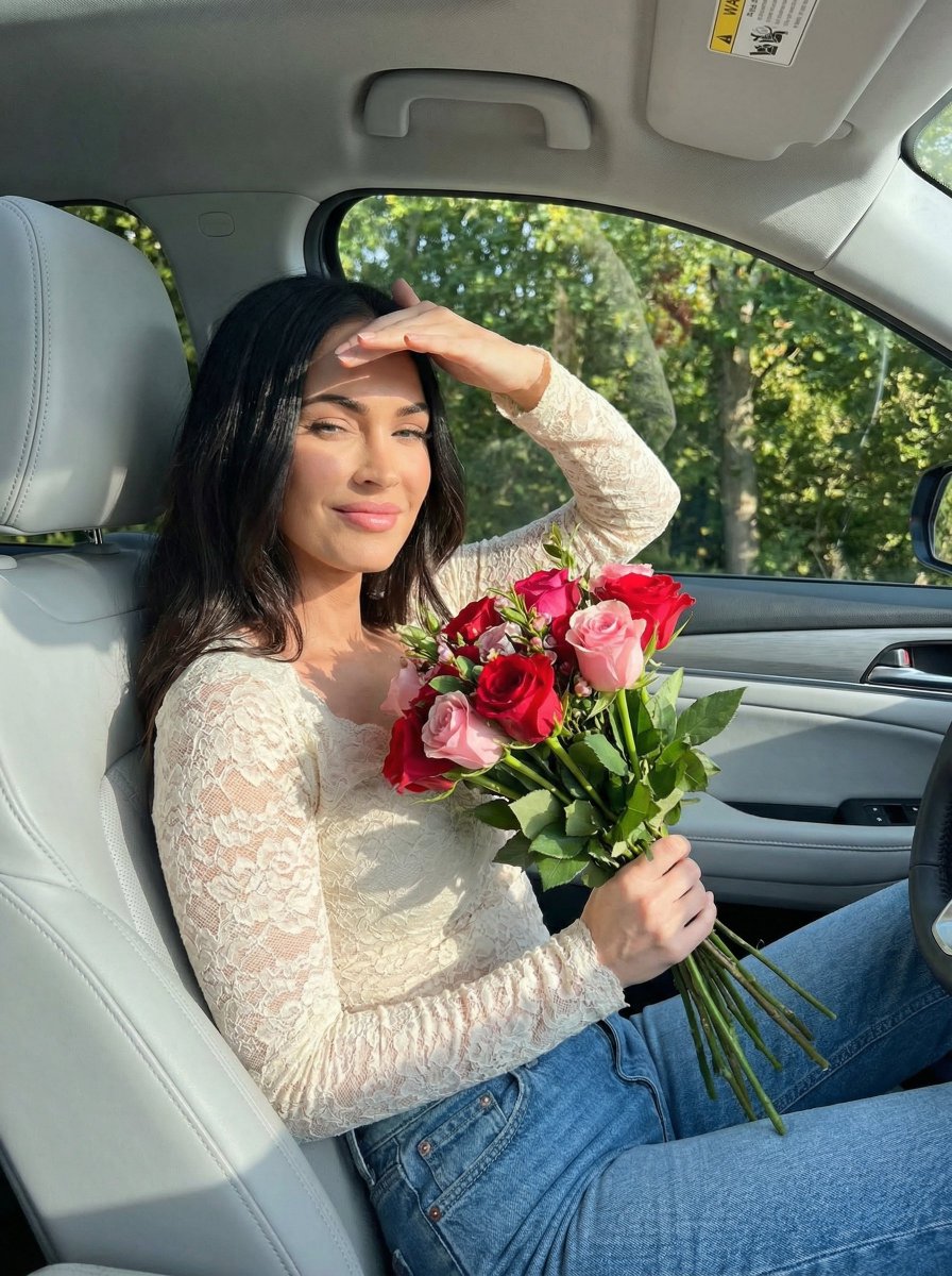 Young woman sitting in the passenger seat of a car holding a bouquet of flowers, Use uploaded re...