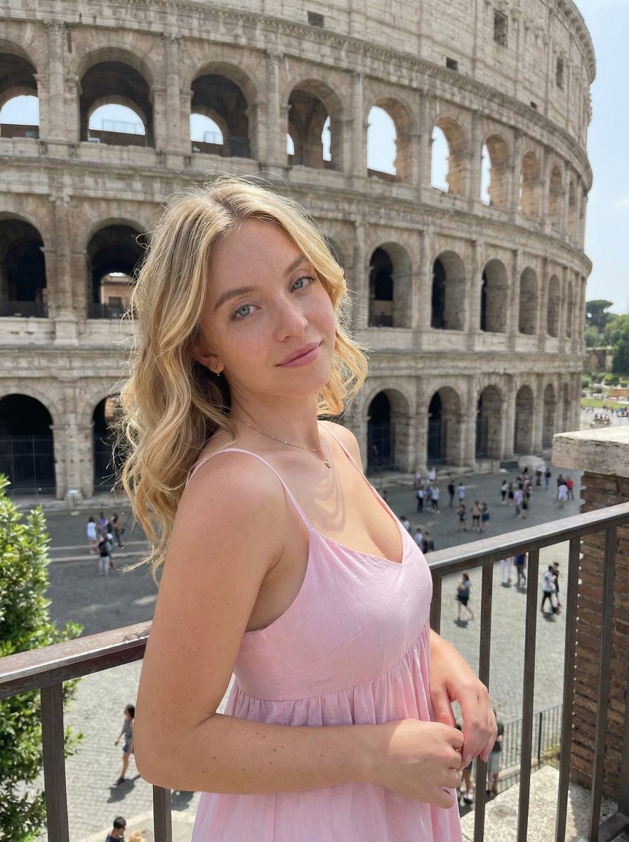 Young woman posing in front of the Colosseum in Rome, Use uploaded reference image, keep identit...