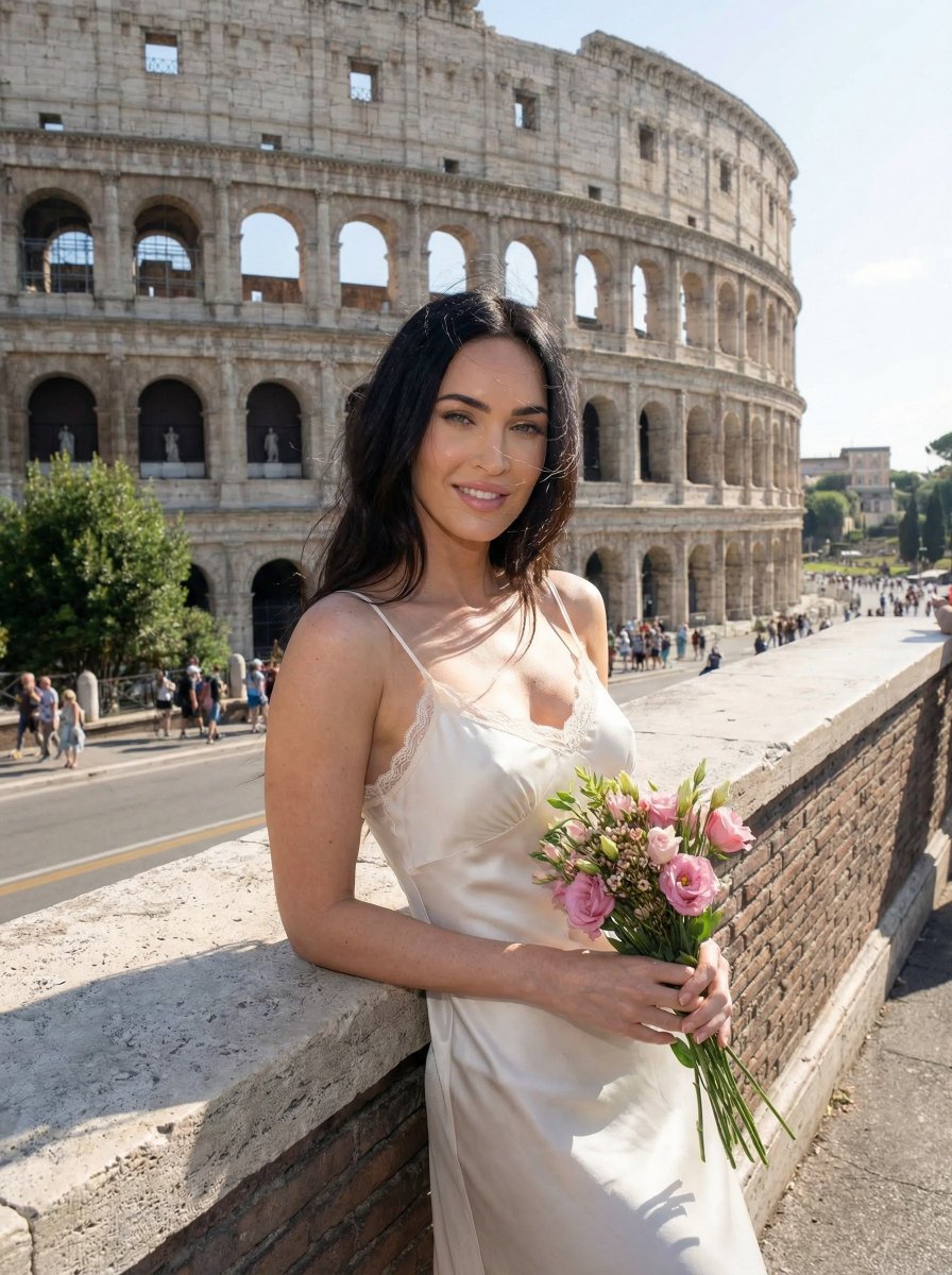 Young woman posing in front of the Colosseum in Rome, Use uploaded reference image, keep identit...