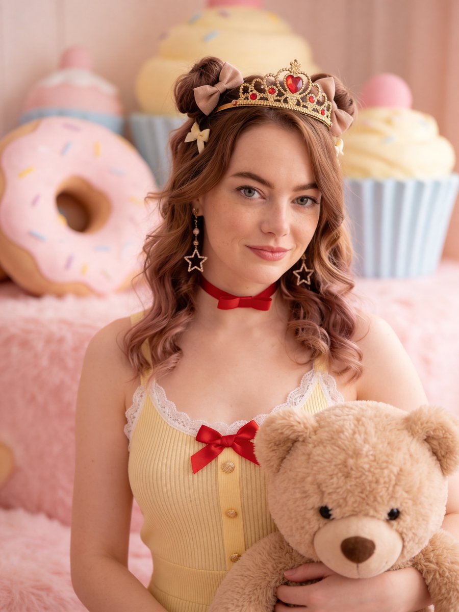 Young woman with a strong resemblance to Emma Stone., Long, voluminous, loose waves, partially s...