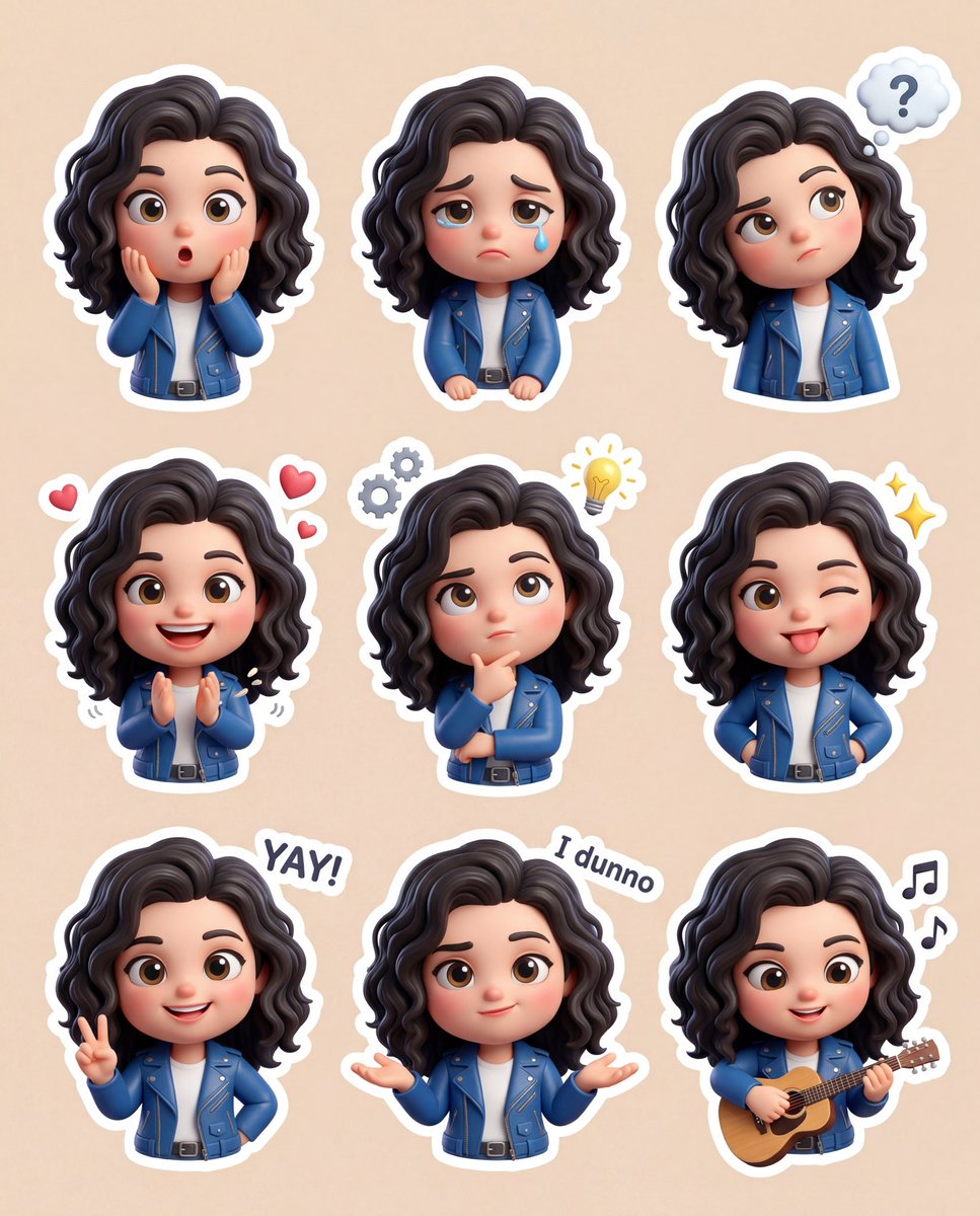 一个可爱的3D Q版（chibi）风格卡通贴纸套装，呈现同一角色在不同情绪和姿势下的样子（请使用上传的面部作为参考）。闪亮且富有表现力的大眼睛；柔软圆润的脸蛋；略微偏大的头部；较小的身体比例。...