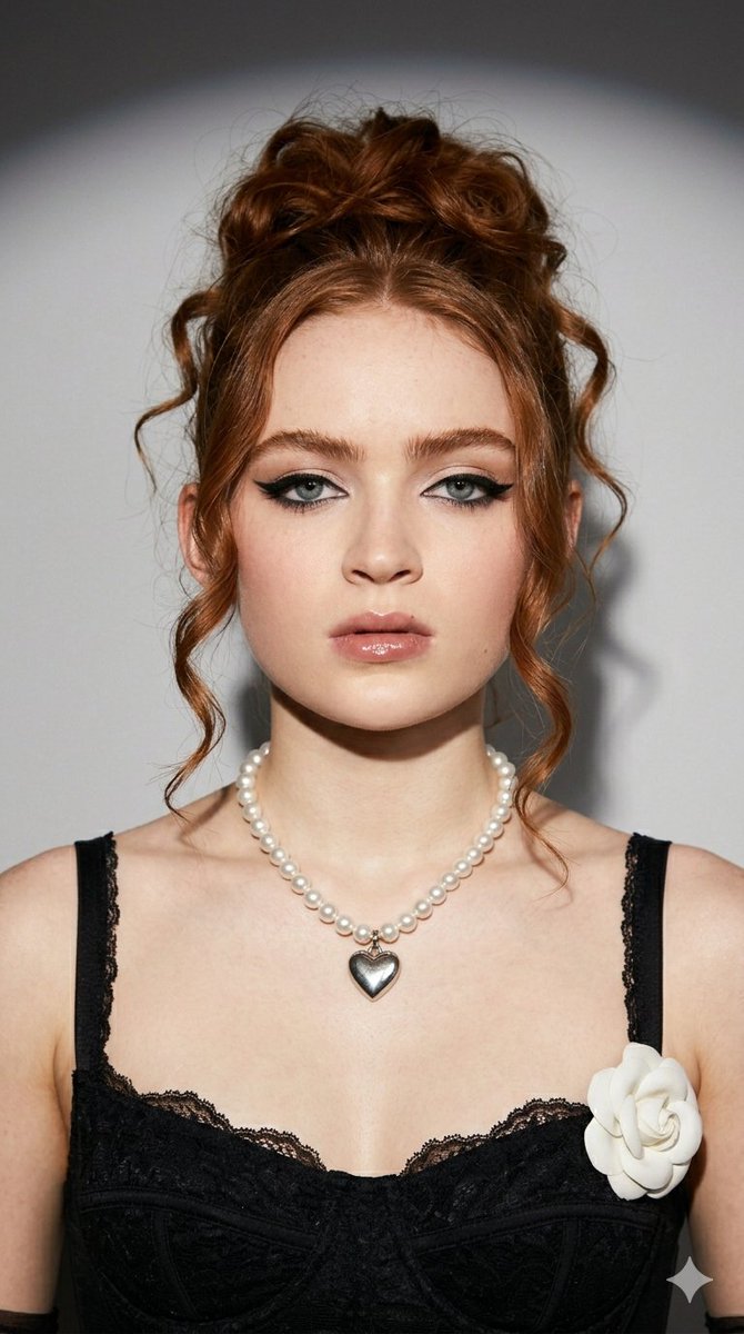 Young woman with a strong resemblance to Sadie Sink., Messy updo with loose curled tendrils fram...