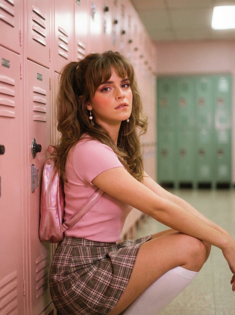 Young woman with a strong resemblance to Emma Watson., Voluminous half-up pigtails with heavy ba...