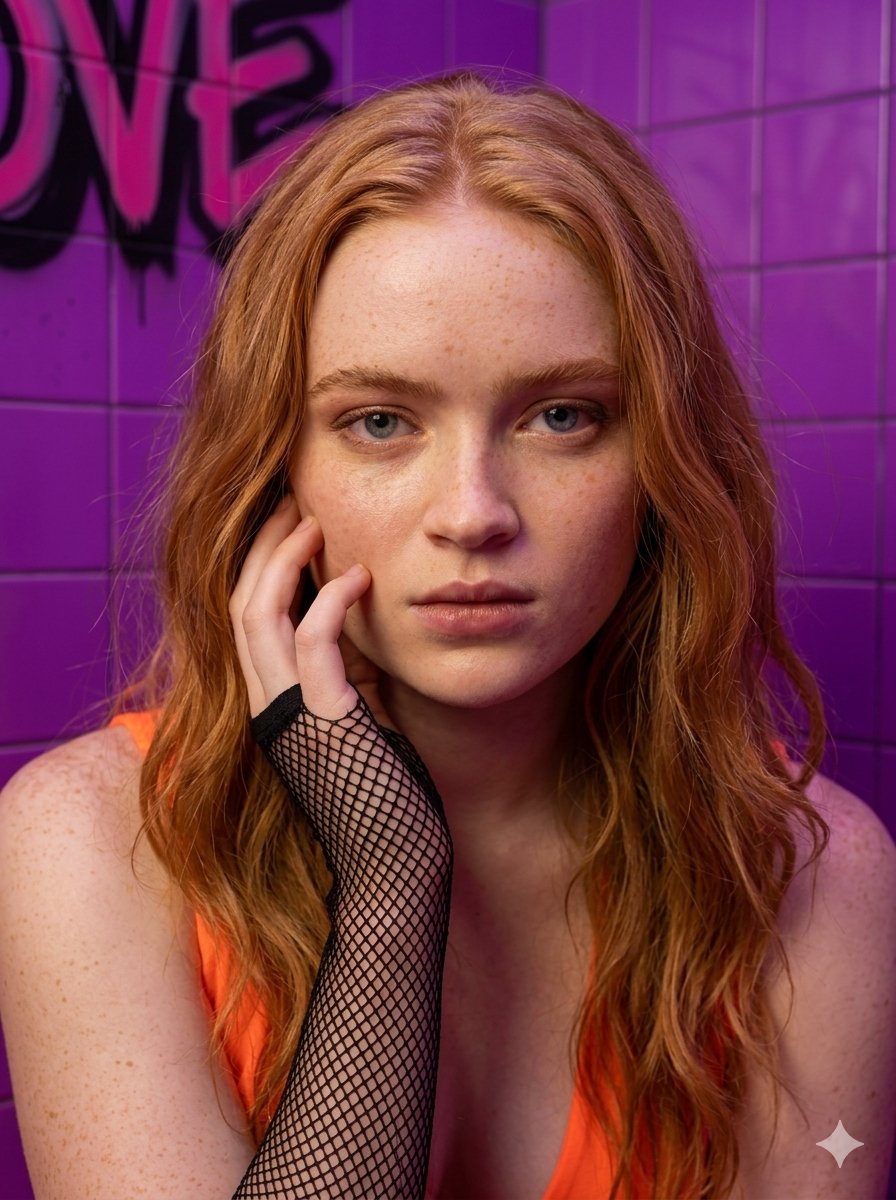Sadie Sink, 心形脸,轮廓分明的颧骨,富有表现力的蓝绿色眼睛,自然的睫毛, 白皙肌肤带雀斑,可见毛孔,真实质感, 暖金黄色, 自然散落的发丝,柔和动感, 纤细自然的体型比例, 90度...