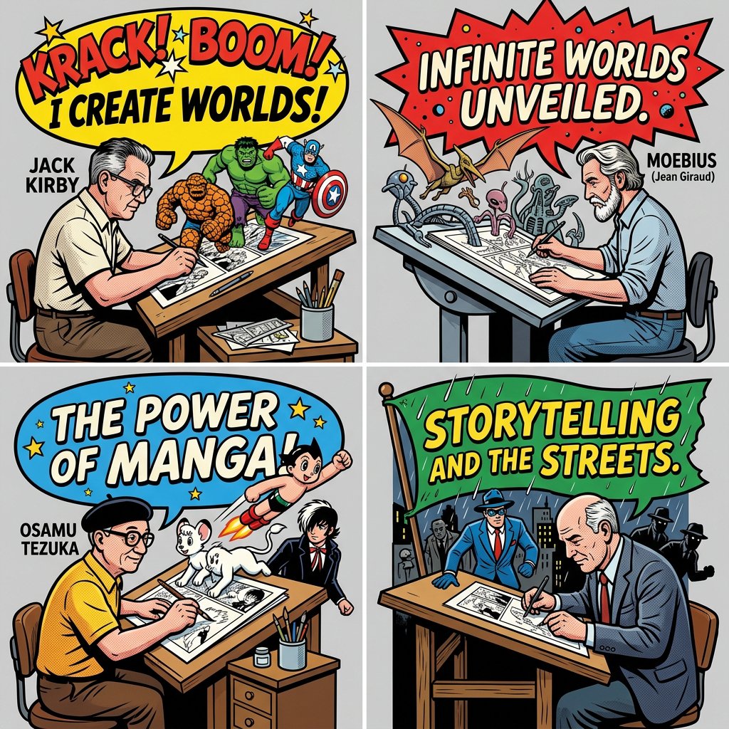 `2x2 grid, do this for 4 Legendary Comic Artists (e.g. Jack Kirby, Stan Lee, Moebius)` input: `A...
