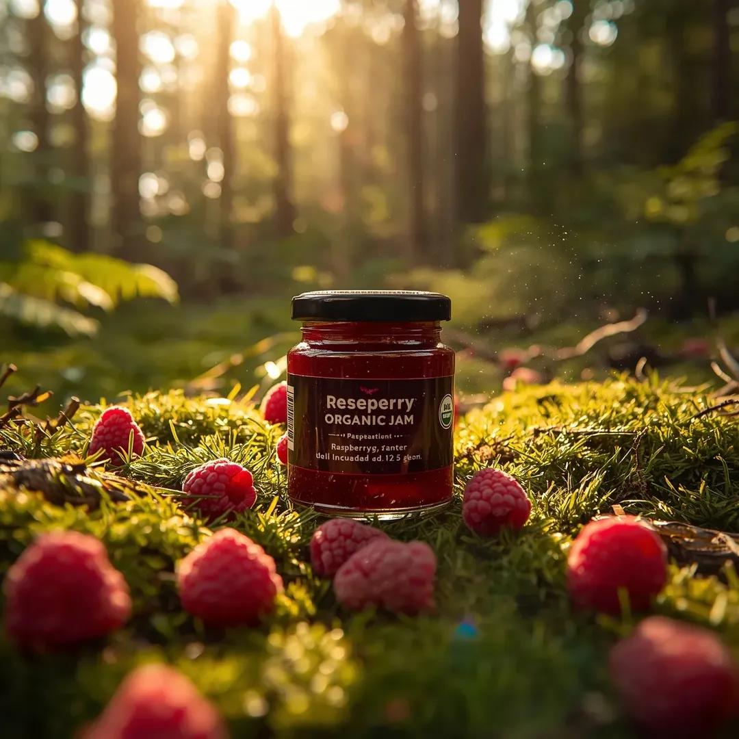 高端商业食品产品摄影：一个（覆盆子果酱玻璃罐），标签为“(Reseperry Organic Jam)”，自然地摆放在郁郁葱葱的（苔藓覆盖的森林地面）上，周围散布着新鲜的（成熟覆盆子）。罐子呈...