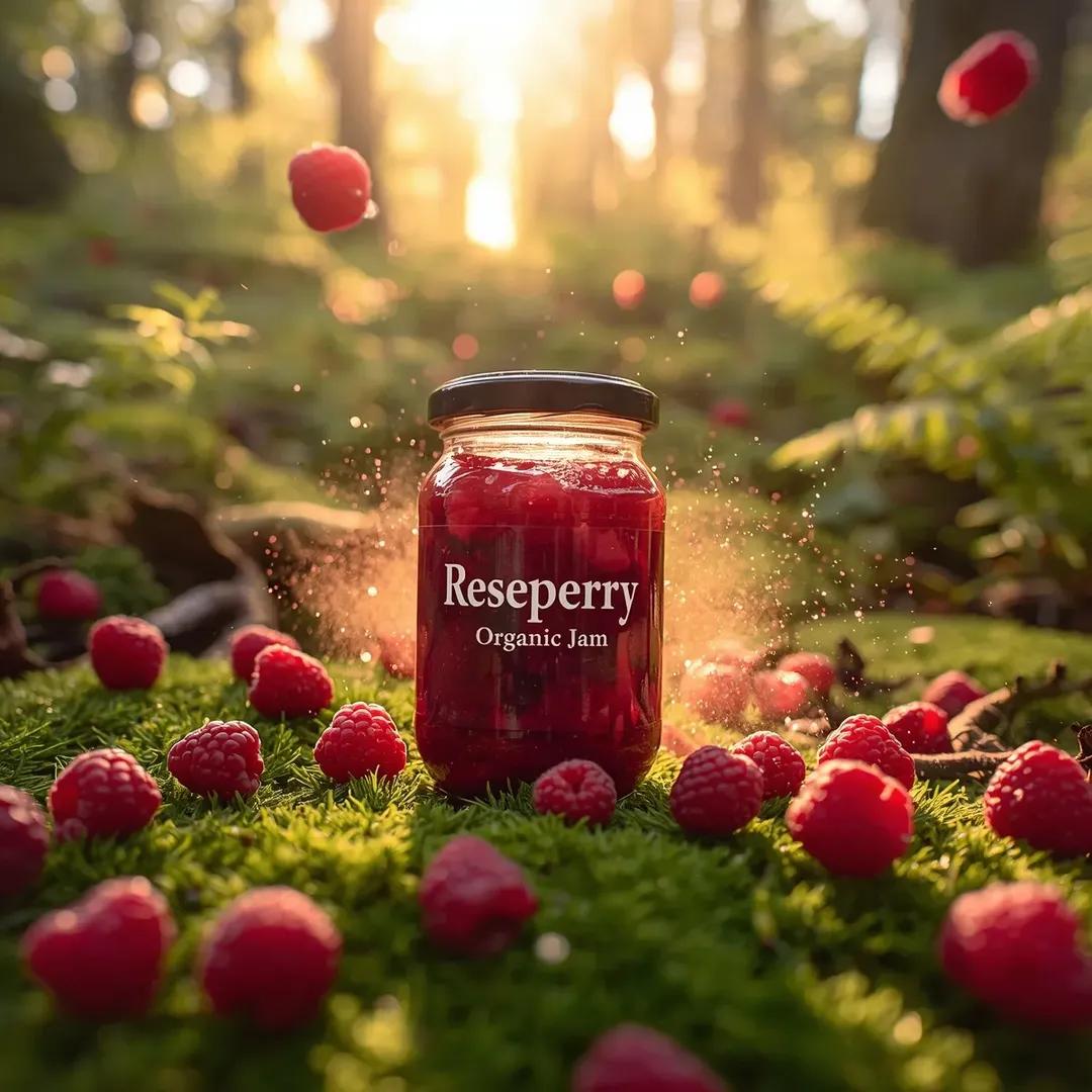 高端商业食品产品摄影：一个（覆盆子果酱玻璃罐），标签为“(Reseperry Organic Jam)”，自然地摆放在郁郁葱葱的（苔藓覆盖的森林地面）上，周围散布着新鲜的（成熟覆盆子）。罐子呈...