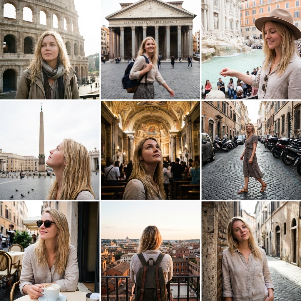 Create a 3x3 Instagram-style grid of low-quality smartphone photos featuring the same extremely...