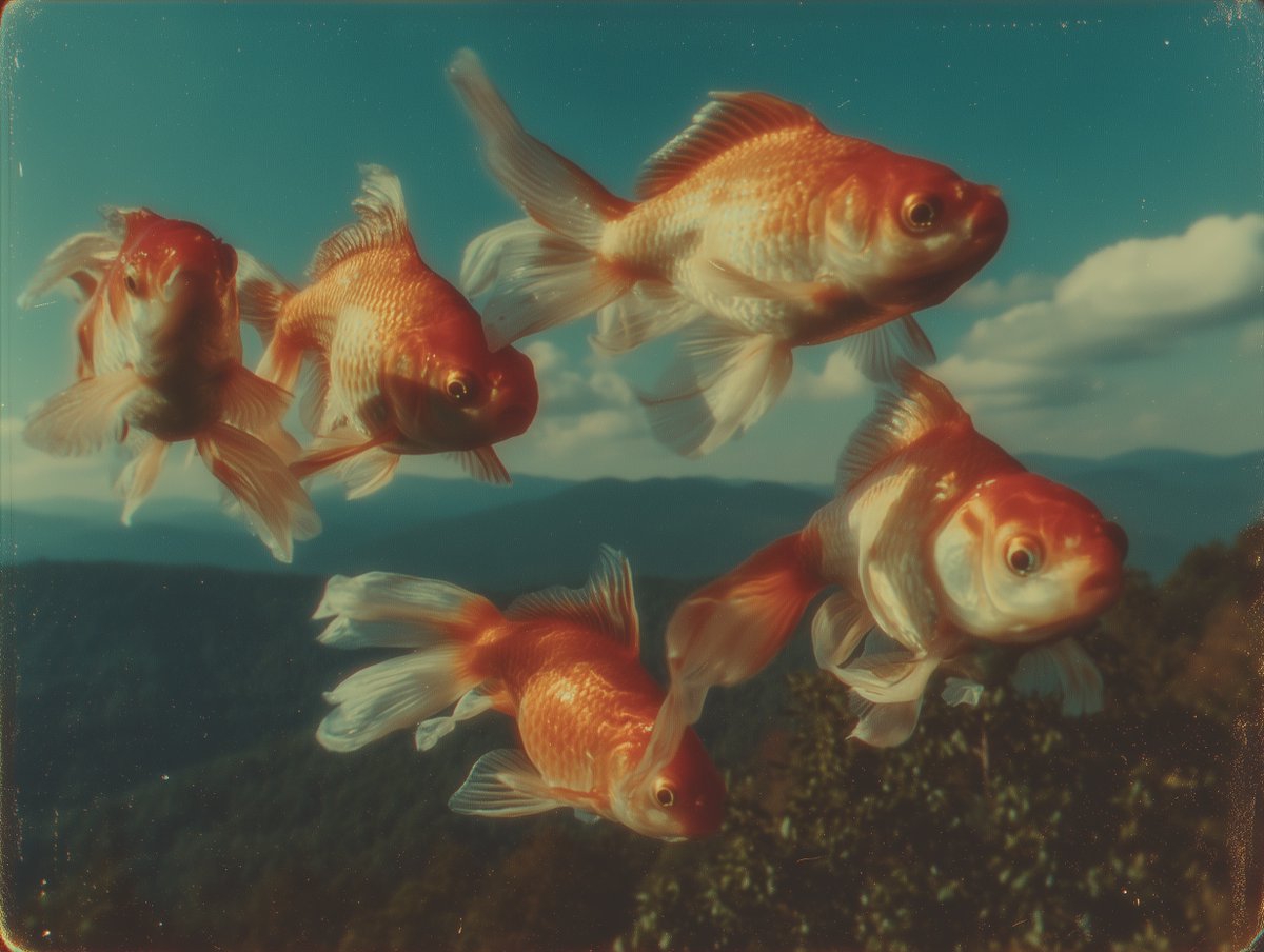 悬浮在一场梦幻般的、超现实的碰撞之中——水中的游动与开阔的户外风景交织在一起——五条鲜艳的橙色金鱼在游动中漂浮，仿佛毫不费力地翱翔在一片广阔的、带有复古色调的青色天空中；这一画面以低视角的虫眼...