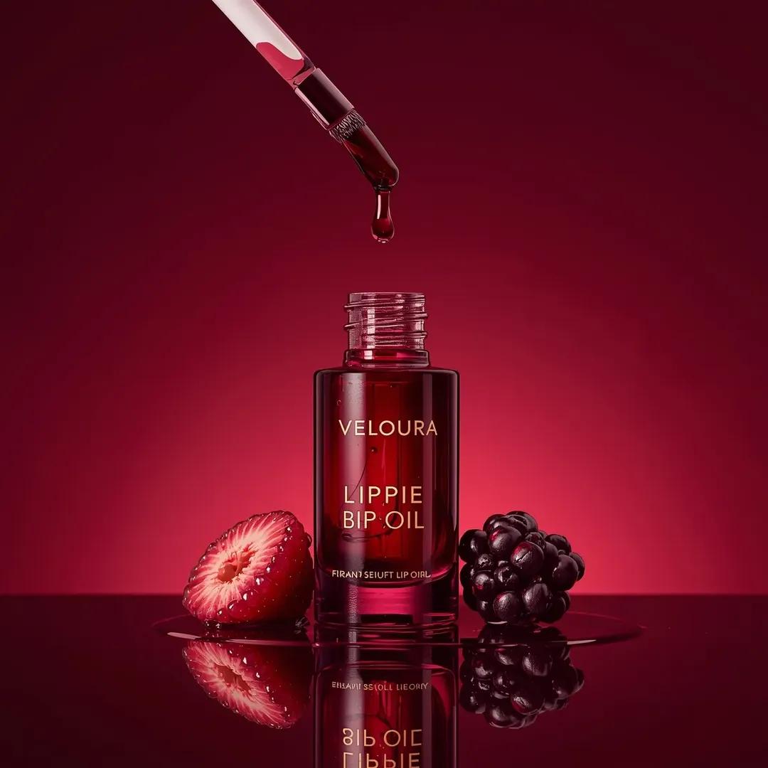 高端商业美妆产品摄影：一个(唇油瓶)，标签为“(Veloura Lippie Bestie Lip Oil)”，略微偏离中心放置在丰富的(深莓果红色渐变背景)前，呈现出光泽高级的美感。瓶子由(...