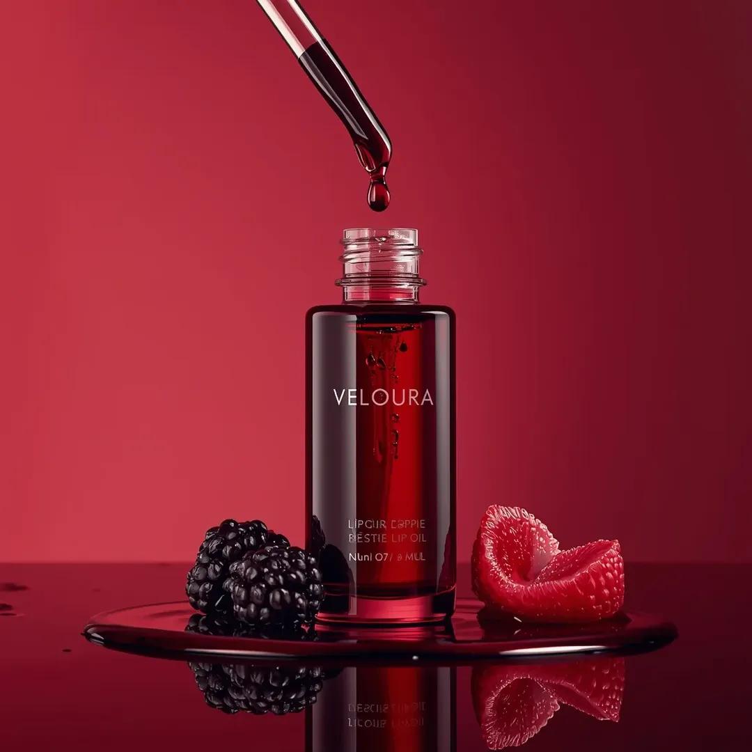 高端商业美妆产品摄影：一个(唇油瓶)，标签为“(Veloura Lippie Bestie Lip Oil)”，略微偏离中心放置在丰富的(深莓果红色渐变背景)前，呈现出光泽高级的美感。瓶子由(...