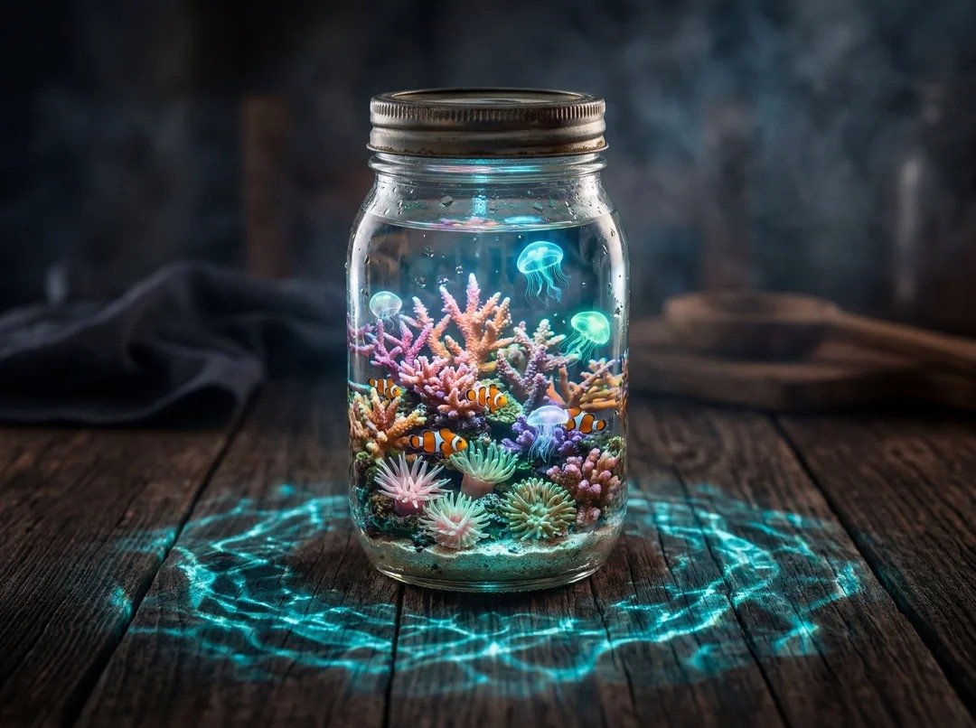 一个透明的玻璃[CONTAINER]摆放在深色木质桌面上，[CONTAINER]内部是一个完整的微型[ECOSYSTEM]，包含[KEY VISUAL ELEMENT]和[SECONDARY...