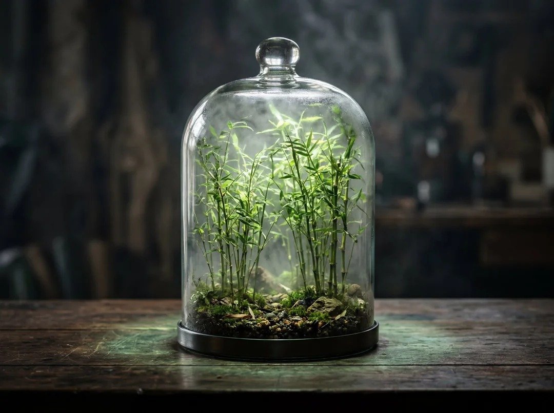 一个透明的玻璃[CONTAINER]摆放在深色木质桌面上，[CONTAINER]内部是一个完整的微型[ECOSYSTEM]，包含[KEY VISUAL ELEMENT]和[SECONDARY...