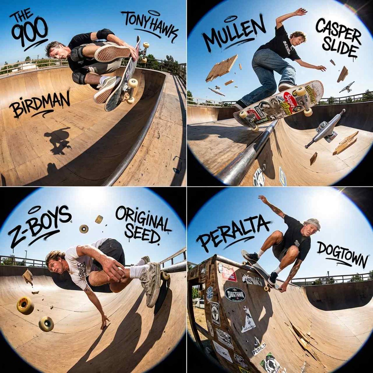 `2x2 网格，为此绘制 4 位传奇滑板运动员（例如 Tony Hawk、Rodney Mullen、Jay Adams）` input: `滑板运动员姓名` Anchor: `一个空中定格立...