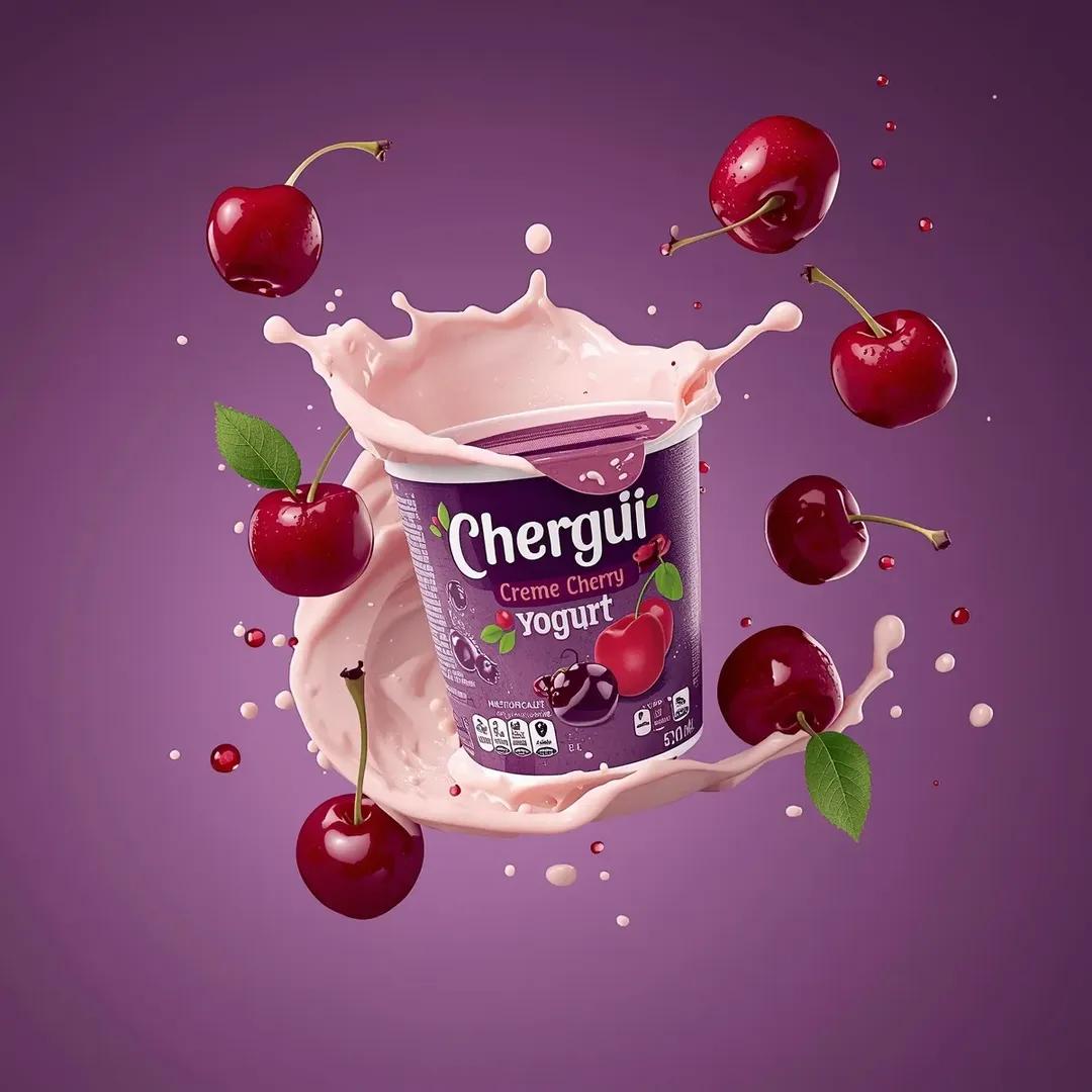 高端商业产品摄影，拍摄一个标有“(Chergui Crème Cherry Yogurt)”（切尔吉奶油樱桃酸奶）的(酸奶杯)，杯子在空中略微倾斜，(铝箔盖部分揭开)露出内部柔滑的质地。杯子采...