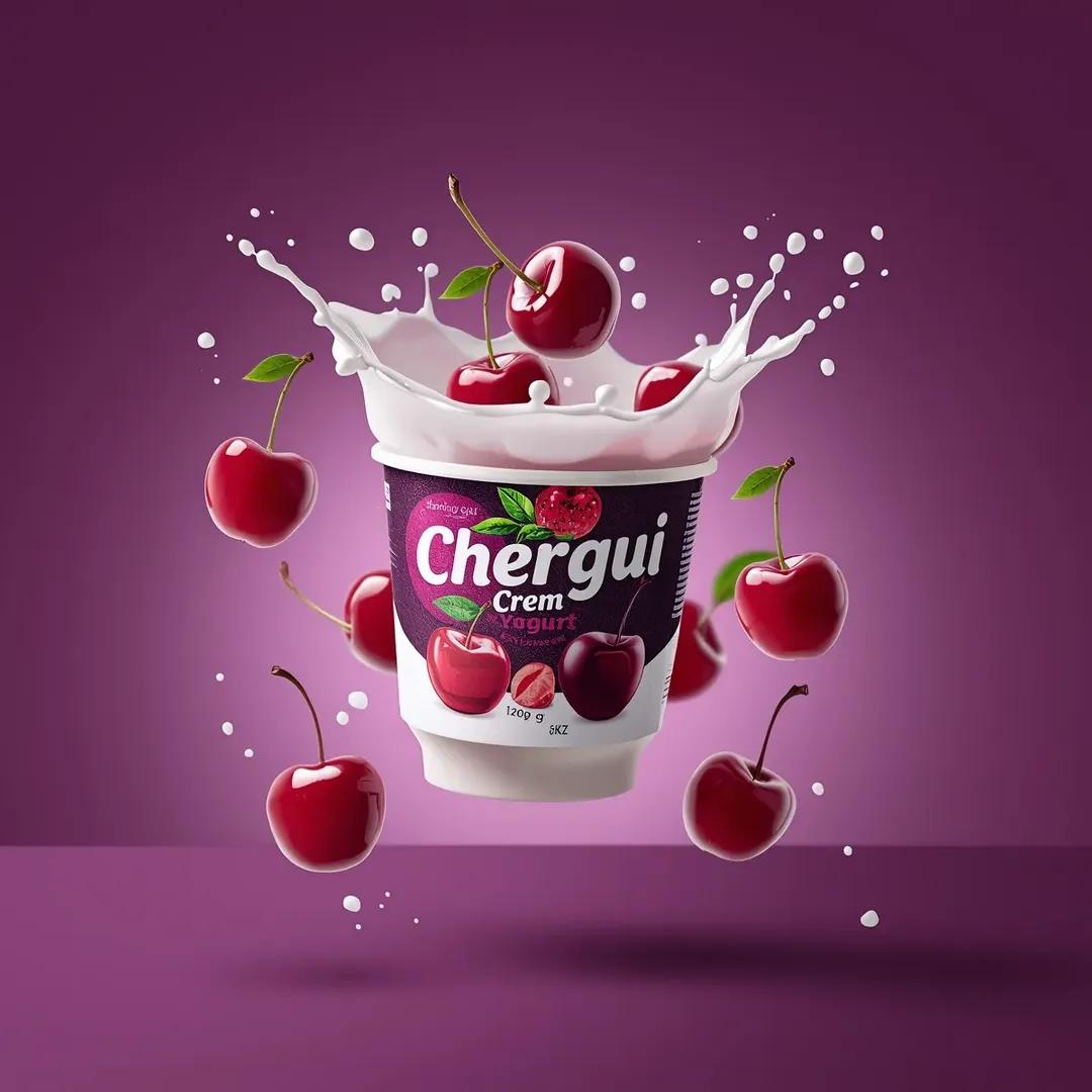 高端商业产品摄影，拍摄一个标有“(Chergui Crème Cherry Yogurt)”（切尔吉奶油樱桃酸奶）的(酸奶杯)，杯子在空中略微倾斜，(铝箔盖部分揭开)露出内部柔滑的质地。杯子采...
