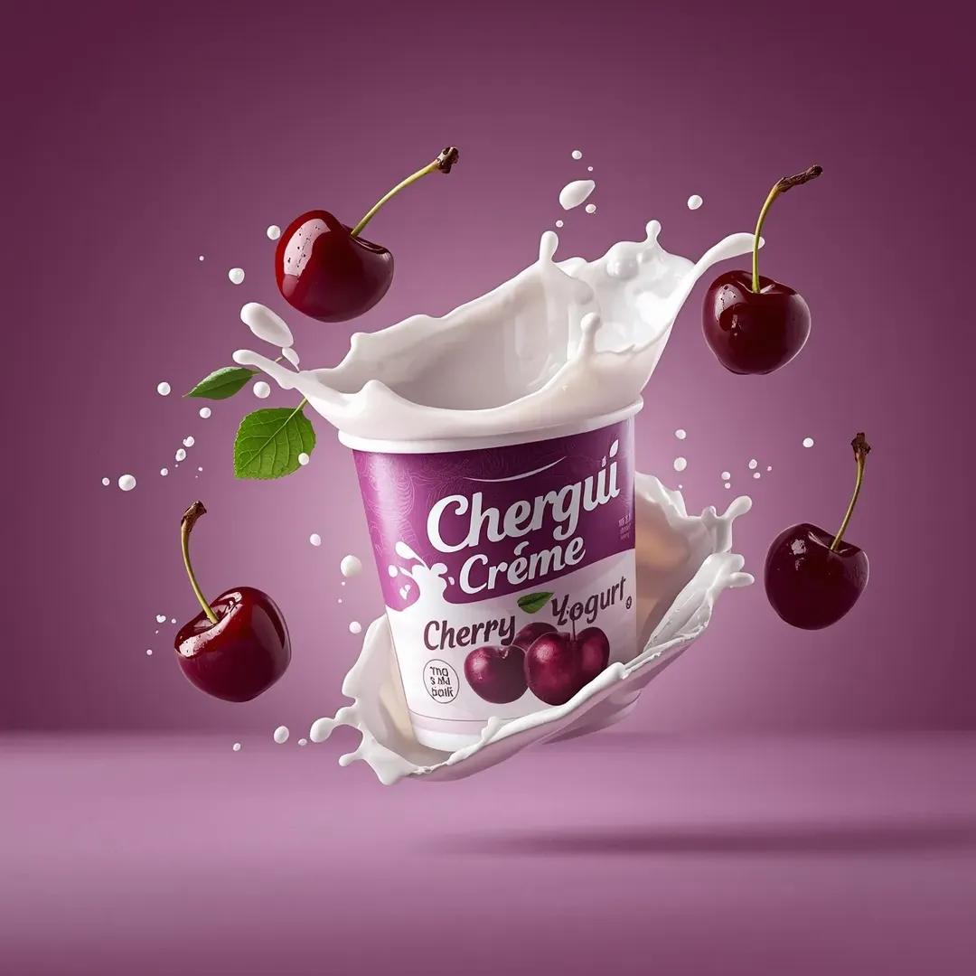 高端商业产品摄影，拍摄一个标有“(Chergui Crème Cherry Yogurt)”（切尔吉奶油樱桃酸奶）的(酸奶杯)，杯子在空中略微倾斜，(铝箔盖部分揭开)露出内部柔滑的质地。杯子采...