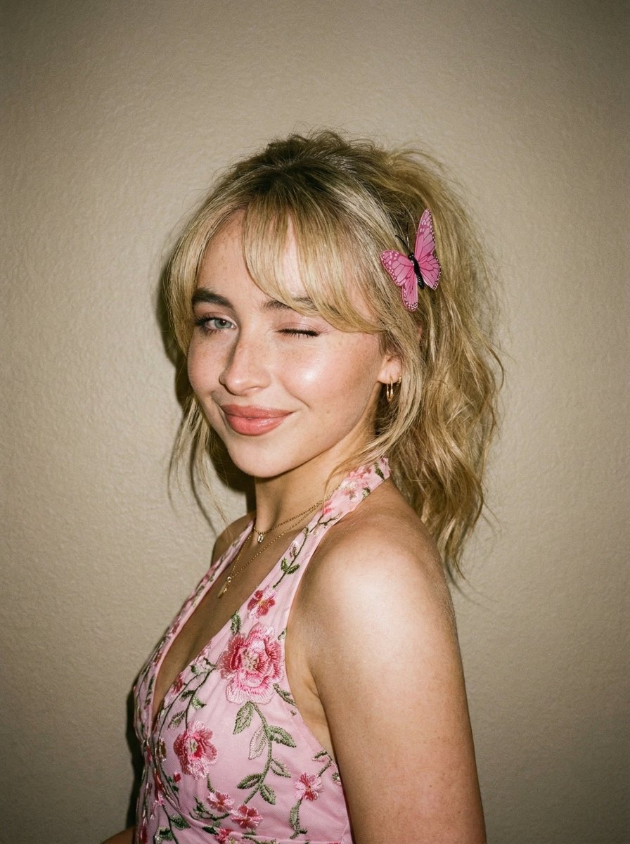 young woman, shoulders slightly turned, head tilted, one eye closed in a playful wink, soft smil...