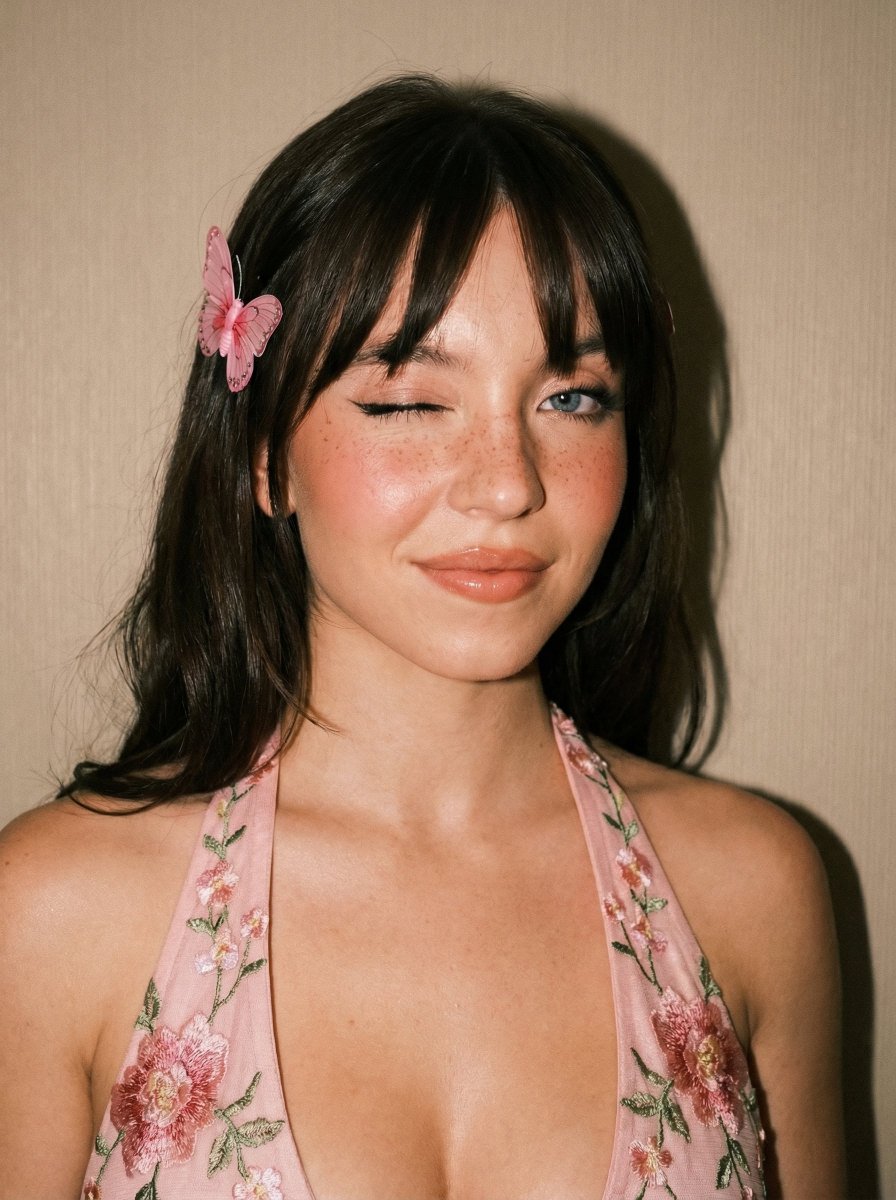 young woman, shoulders slightly turned, head tilted, one eye closed in a playful wink, soft smil...