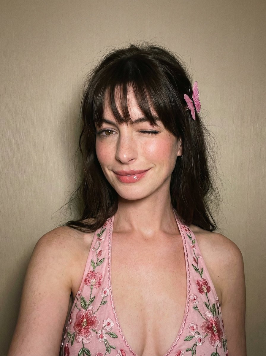 young woman, shoulders slightly turned, head tilted, one eye closed in a playful wink, soft smil...