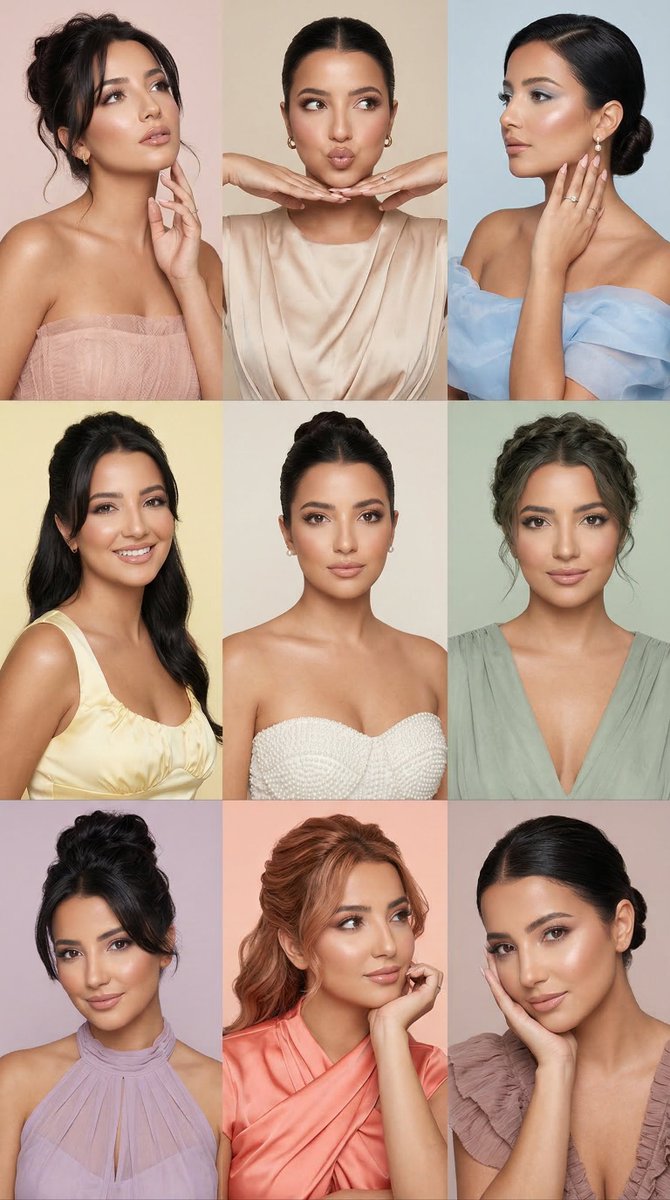one woman with highly consistent facial features across all nine panels, luminous natural skin,...