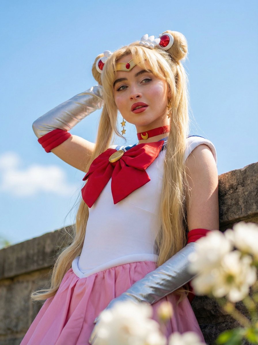 Young woman with a strong resemblance to Sabrina Carpenter., Long flowing style with twin top bu...
