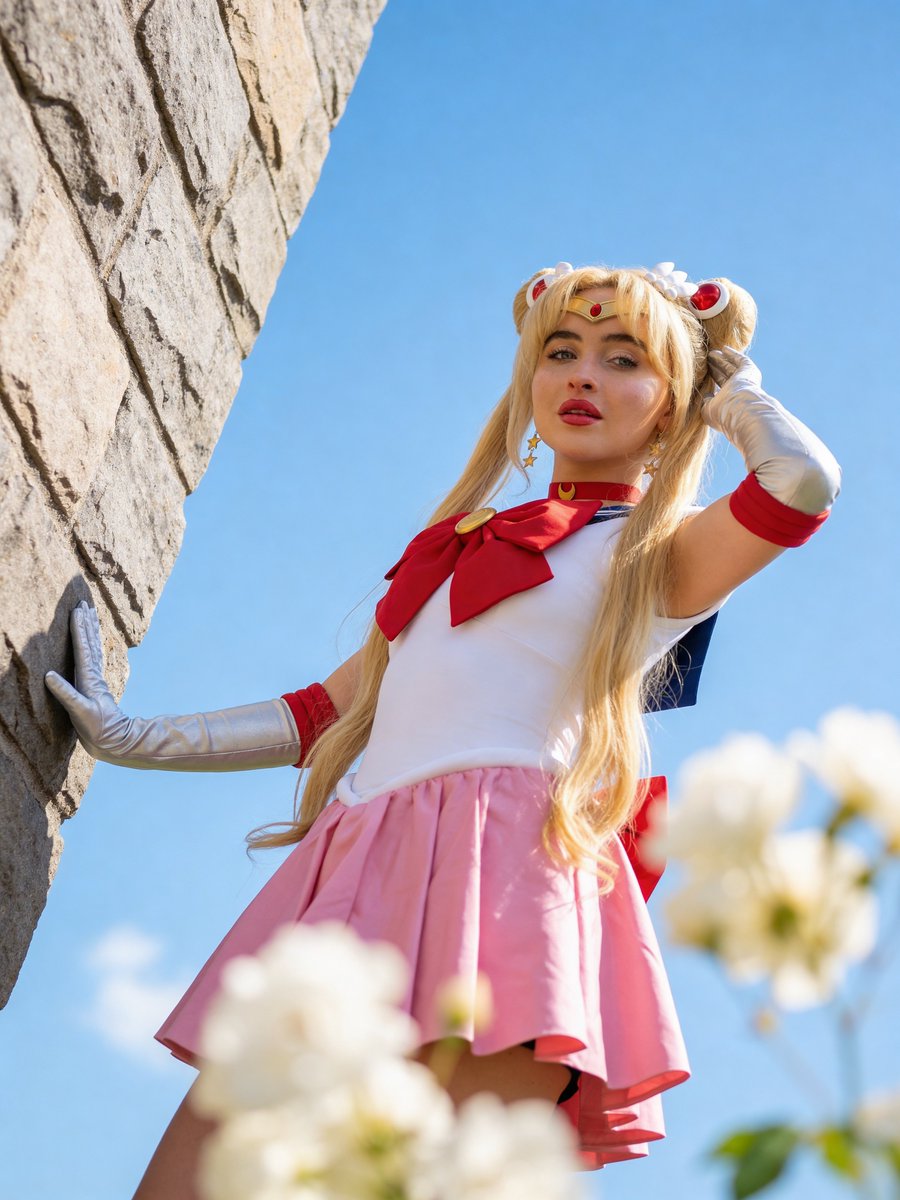 Young woman with a strong resemblance to Sabrina Carpenter., Long flowing style with twin top bu...
