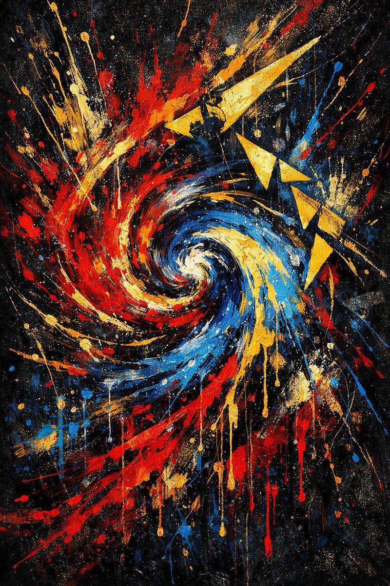 创作一幅视觉震撼的抽象艺术作品，融合 Jackson Pollock（杰克逊·波洛克）滴画技法的爆裂能量与 Wassily Kandinsky（...