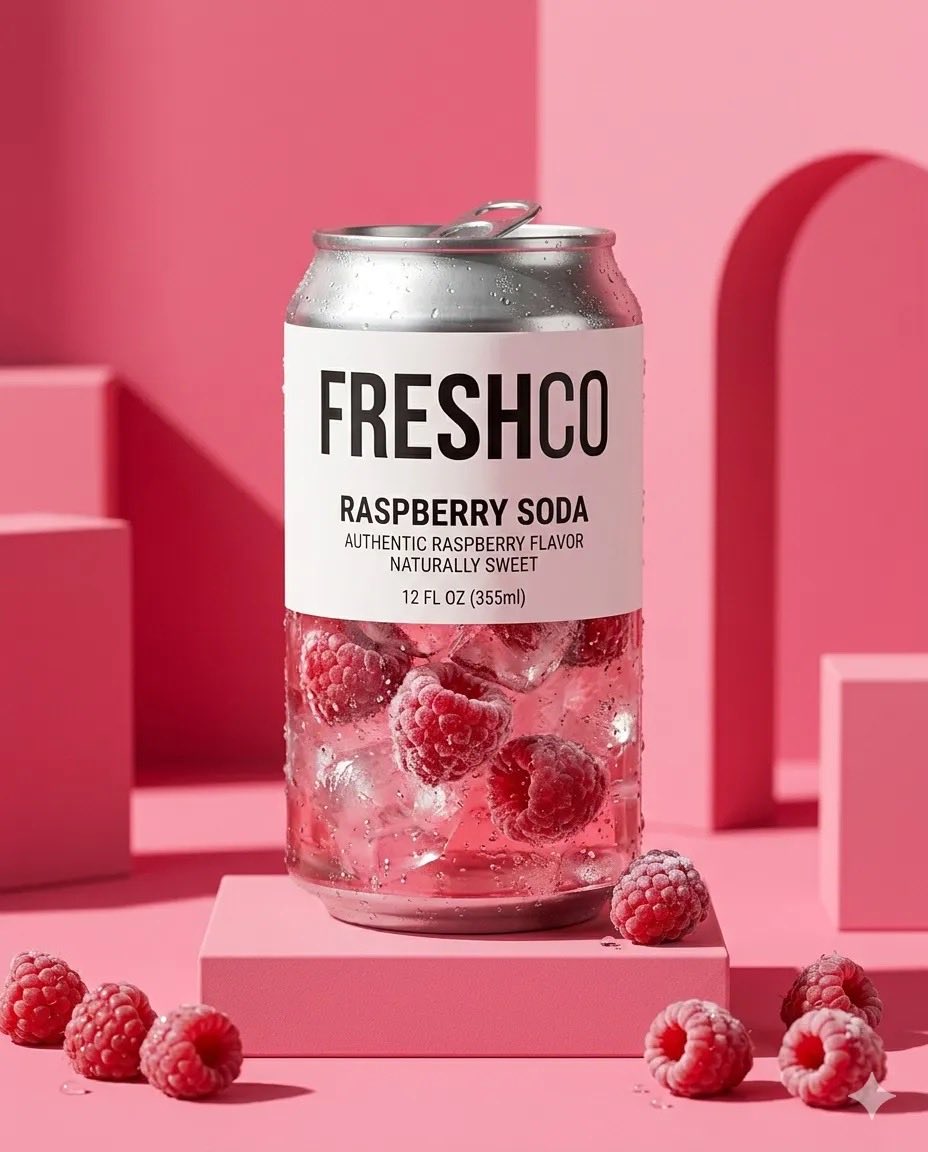 极简产品摄影：透明苏打罐，标签为“FRESHCO Raspberry Soda”（FRESHCO 覆盆子苏打），罐内装有气泡液体、冰块和新鲜覆盆子，罐体表面有凝结水珠，放置在粉色底座上，周围散...