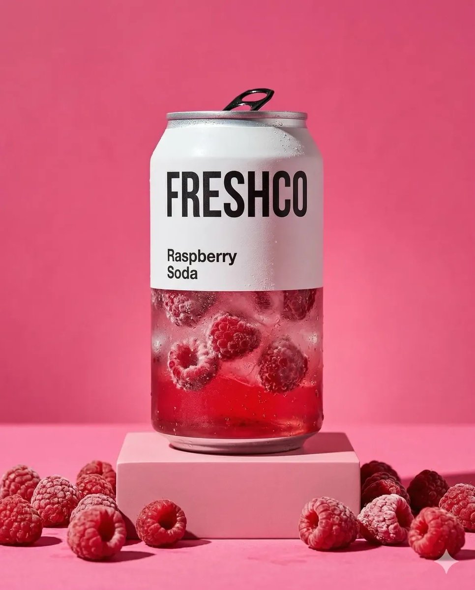 极简产品摄影：透明苏打罐，标签为“FRESHCO Raspberry Soda”（FRESHCO 覆盆子苏打），罐内装有气泡液体、冰块和新鲜覆盆子，罐体表面有凝结水珠，放置在粉色底座上，周围散...