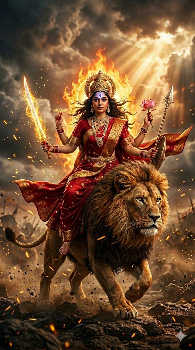 Chaitra Navratri with AI 🙏 Gemini Nano Banana Pro 🍌 Prompt ⤵️ "凯蒂亚尼（Katyayani）的超电影感、超写实描绘——她是为击败...