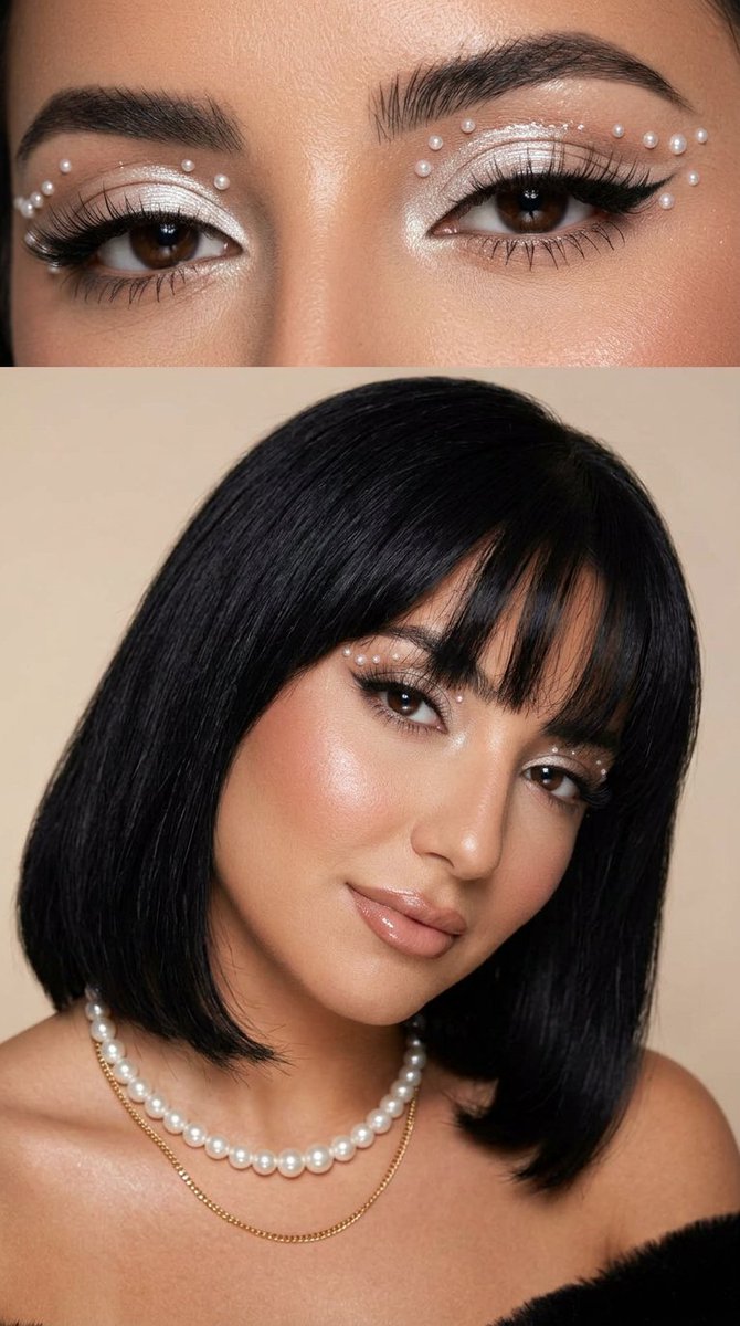 tiny pearl embellishments around the eyes, pearl necklace visible in the portrait panel, one adu...