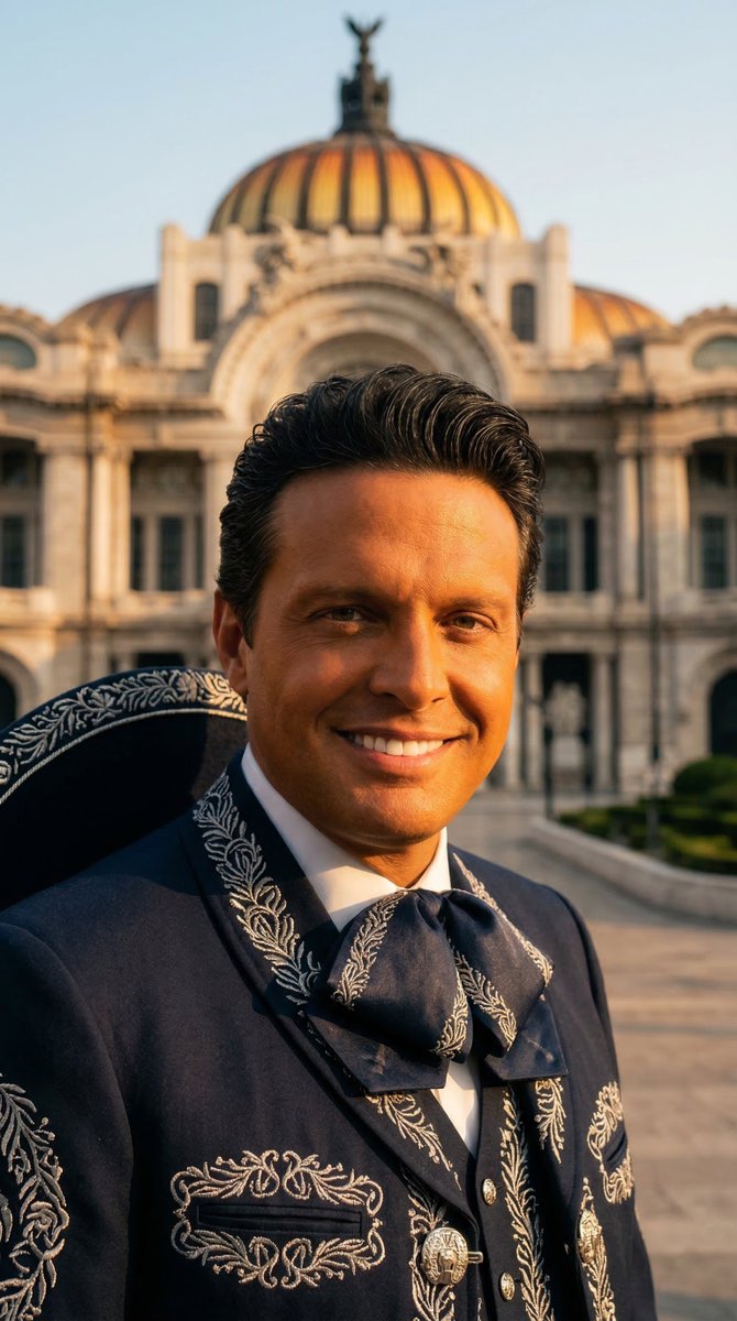 路易斯·米格尔作为墨西哥街头 mariachi 偶像，温暖的金棕色肤色，浓密深色波浪卷发向后梳起，身穿带银色刺绣的经典 charro 套装，站立于墨西哥城美术宫前，黄昏时分，温暖琥珀色光线，照...