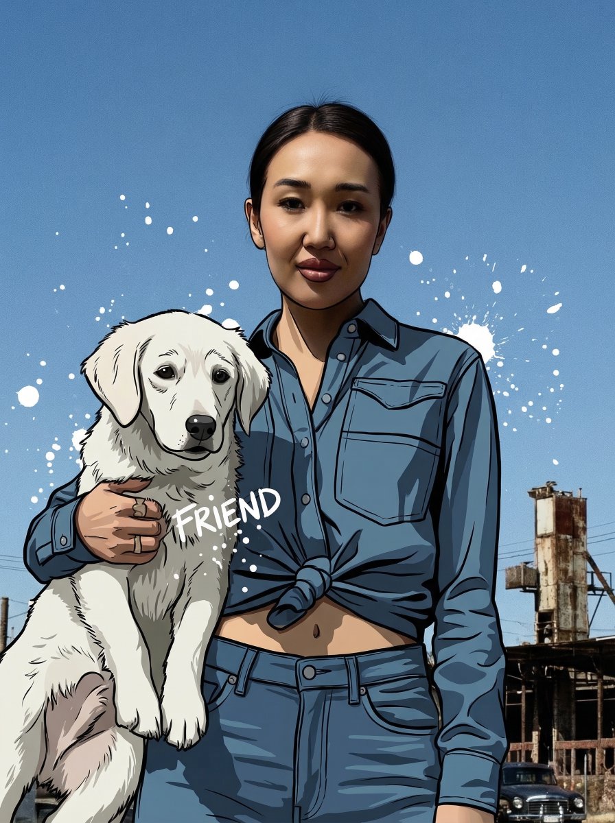 视觉风格：在上传的照片上直接叠加漫画插画效果。主体人物的面部和双手必须保持完全照片质感，不做任何修改。画面中的其他所有元素——服装、食物/饮品、滴落物、物件——都用粗黑描边和平涂的纯色填充处理...