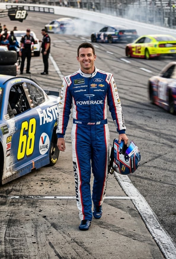 超写实电影质感正方形图像：画面中一位全身出镜、魅力十足的 NASCAR 赛车手（我），在我的赛车旁自信地向镜头走来，赛车位于画面左侧，正对前方。我和赛车都不在赛道内。画面右侧是一条高速赛道，多...