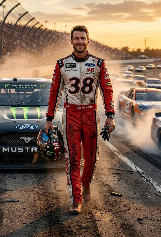 超写实电影质感正方形图像：画面中一位全身出镜、魅力十足的 NASCAR 赛车手（我），在我的赛车旁自信地向镜头走来，赛车位于画面左侧，正对前方。我和赛车都不在赛道内。画面右侧是一条高速赛道，多...