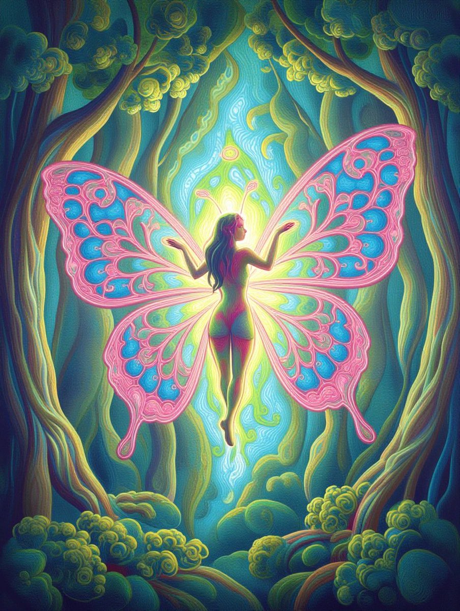 butterfly elf with fractal euler geometry woven into wings and branches in serene pastel spring...