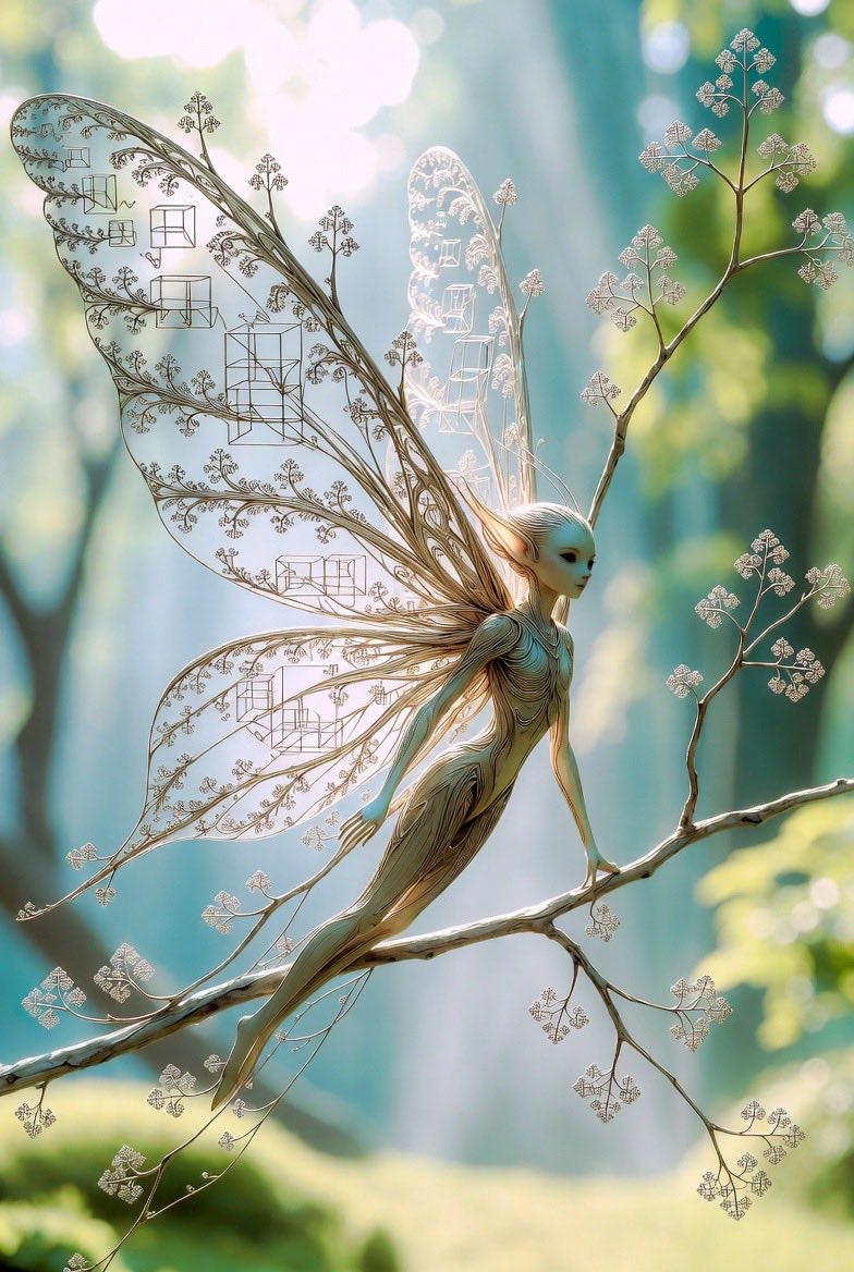 butterfly elf with fractal euler geometry woven into wings and branches in serene pastel spring...
