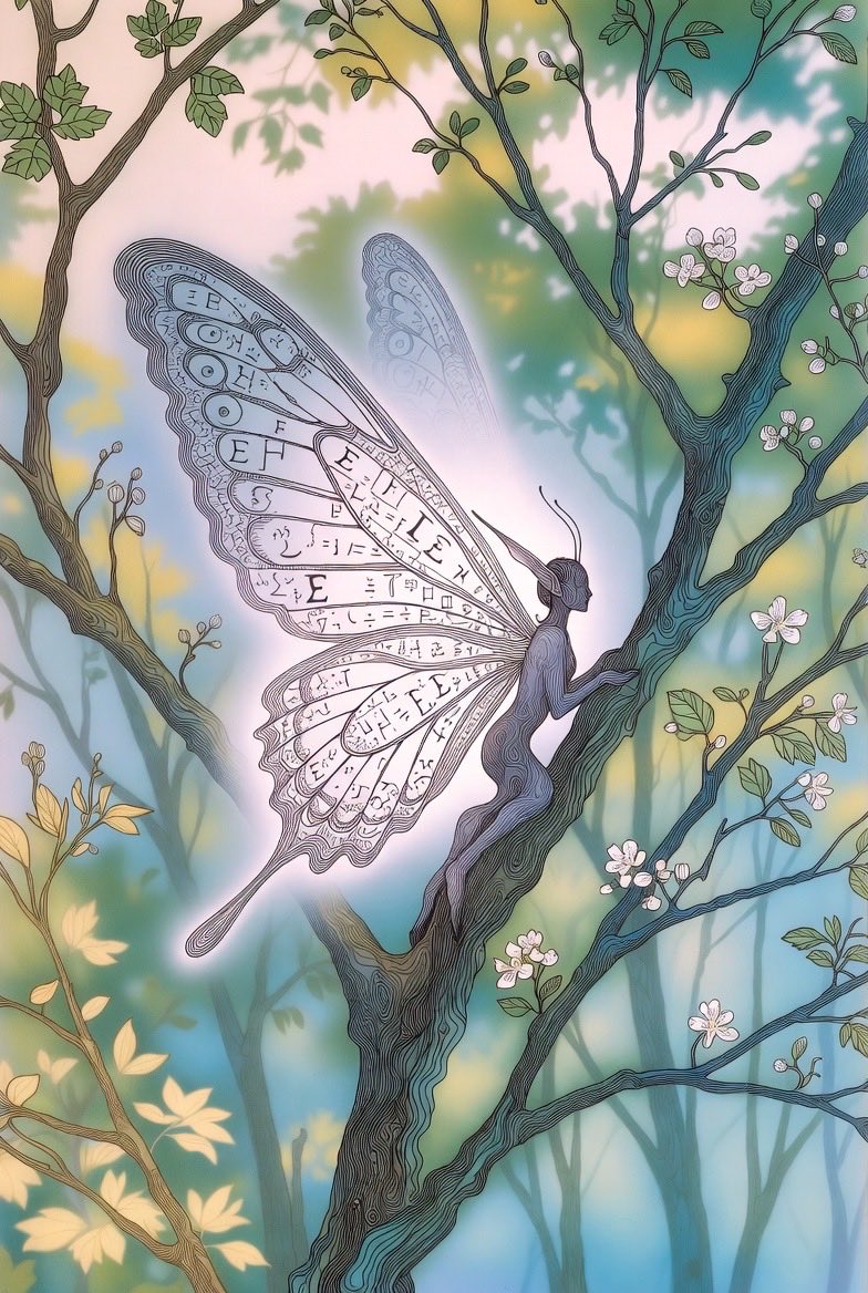 butterfly elf with fractal euler geometry woven into wings and branches in serene pastel spring...