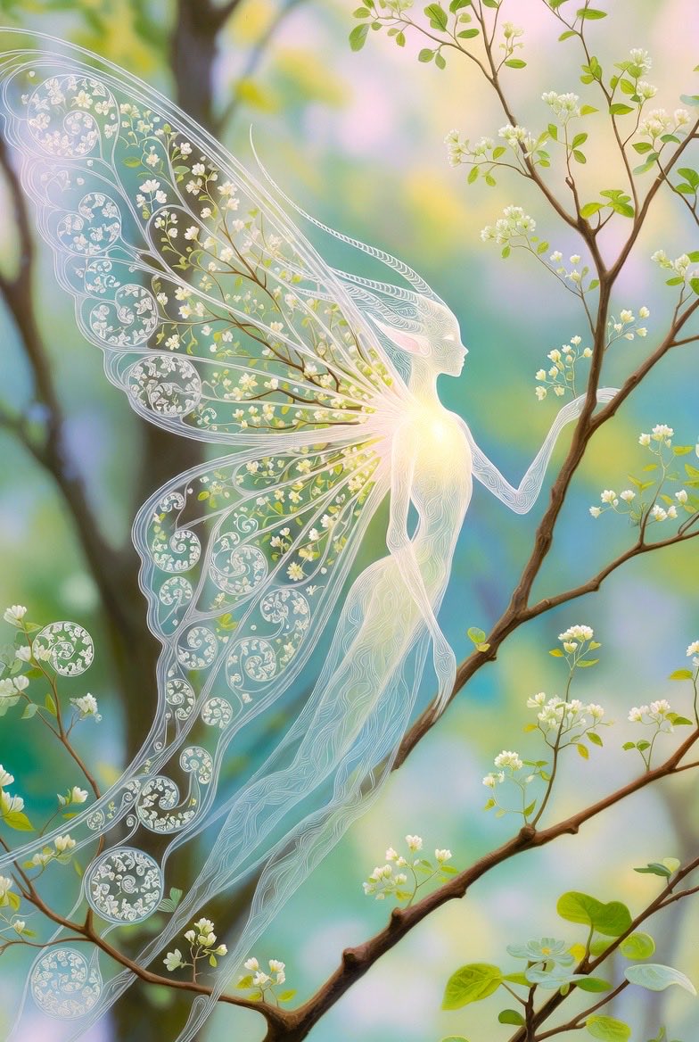 butterfly elf with fractal euler geometry woven into wings and branches in serene pastel spring...