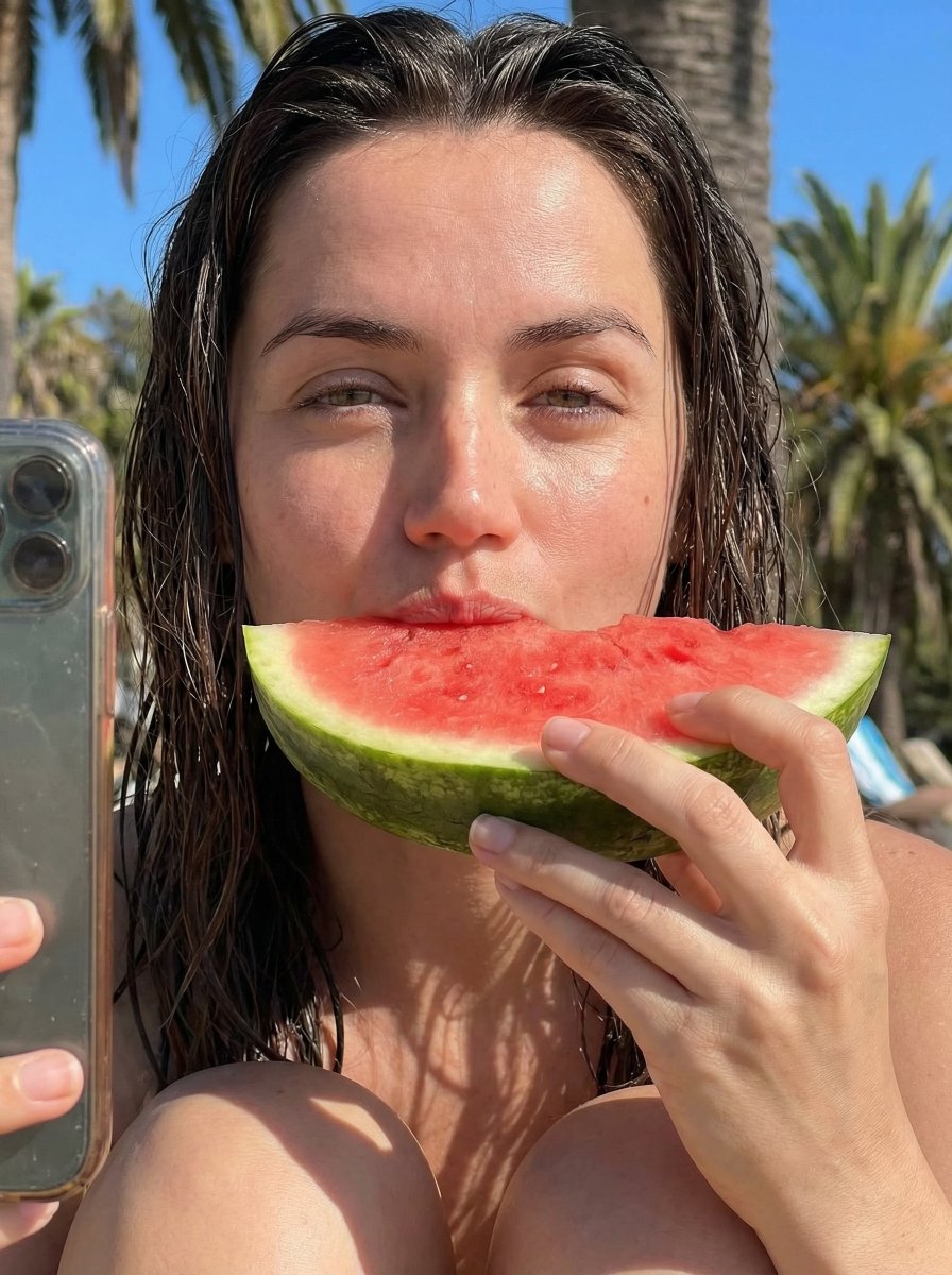 1, Ana de Armas,湿发,自然肌肤,淡妆,使用上传的参考图,保持身份完全一致, 直射强烈阳光, 从上方略偏后方, 额头、鼻尖、脸颊上强烈的高光, 下巴和头发下方深邃自然的阴影, 发...