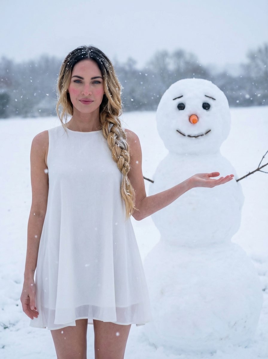 一位真实女性身处雪地户外环境,以高端电影感冬季拍摄风格呈现, 女性, 直立于雪地中,身体微微侧转,左臂向外抬起手掌张开,右臂自然放松,姿态自信优雅, 柔和平静的表情,带着一抹微妙自信的微笑,...