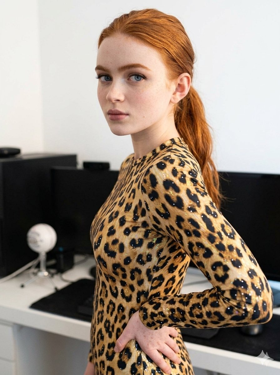 young woman, bright red, tied back in a loose ponytail with some face-framing strands, blue, fai...