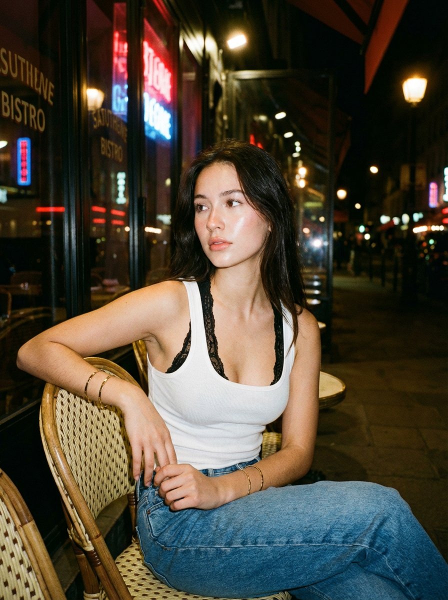 一张夜晚街头的随性人像照,一位年轻女性随意地坐在一家小型都市餐厅外的藤编咖啡椅上。她有一头黑色长发,妆容自然且泛着柔和光泽,身穿白色背心内搭黑色蕾丝胸衣,下身搭配宽松的牛仔牛仔裤。她微微侧身,...