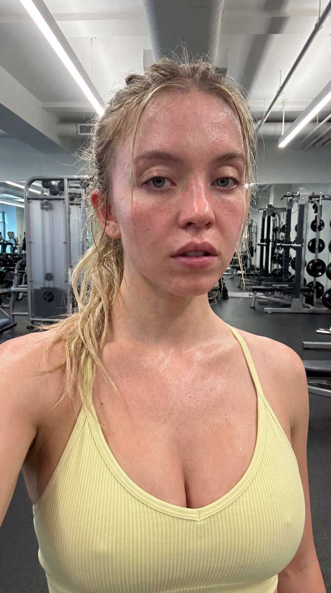 Sydney Sweeney, specific high cheekbone profile with soft yet defined jawline, direct selfie pos...