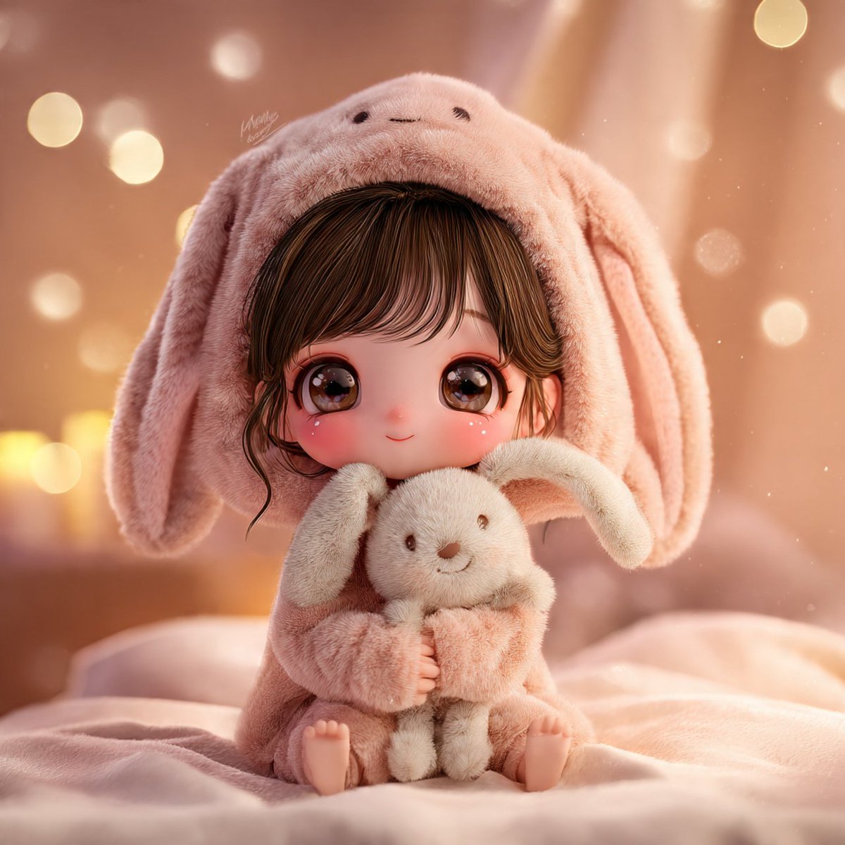 可爱的Q版（chibi）女孩穿着宽松的兔子睡衣，垂着软趴趴的长耳朵，抱着一只毛绒玩具，坐在柔软的床上，温暖舒适的光线，眼睛大而有光泽，柔和的粉色色调，梦幻又可爱的氛围，卡哇伊（kawaii）动...