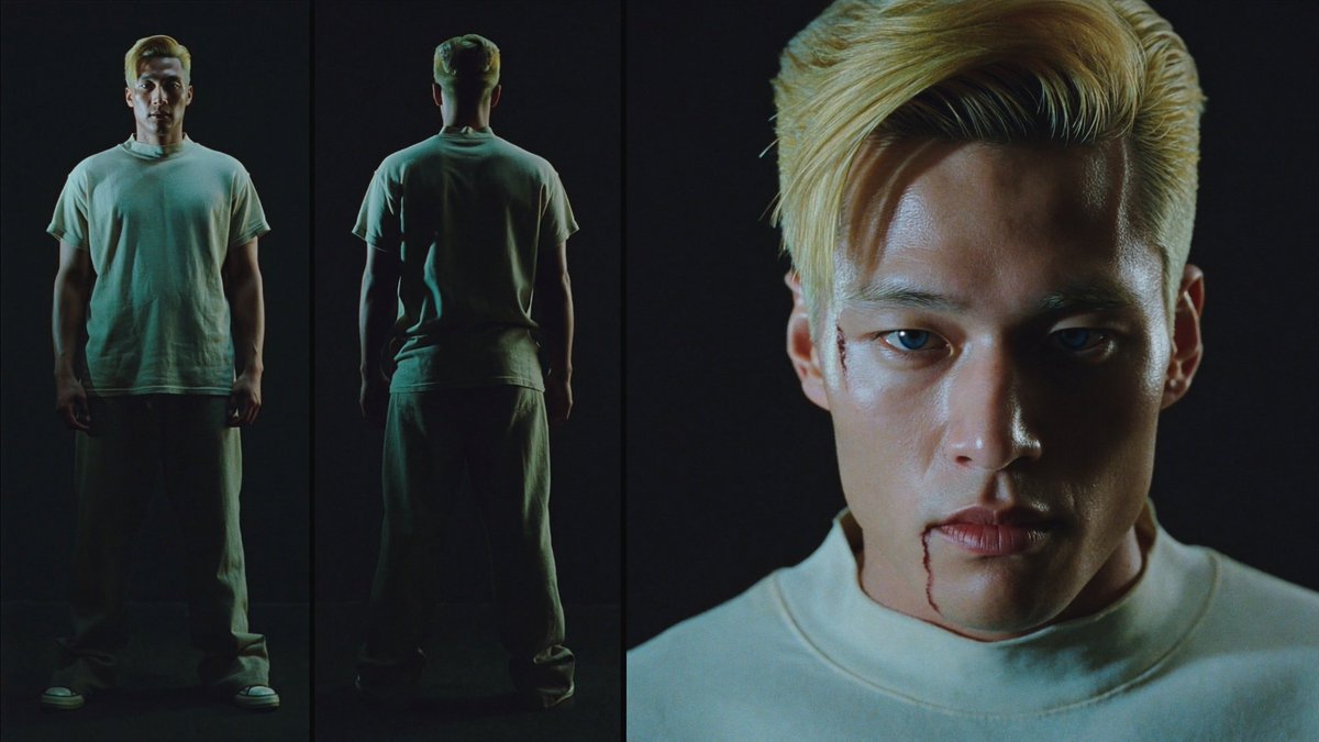 核心主题：写实黑暗特摄 | BLACK SUN美学：充满颗粒感的战损变身 | 末日战场 角色与设定：面部：与参考照片完全一致（面部特征、伤口、阴郁情绪），不加美化，刘海遮盖额头。服装：敞开的风...